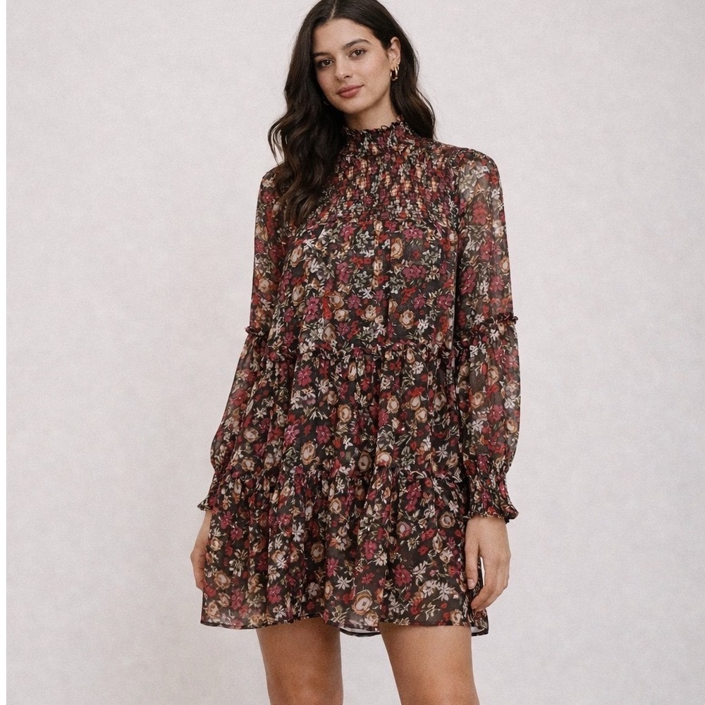 The Impeccable Pig Floral Mini Dress Womens‎ Small Brown NWT Smocked Tiered Boho